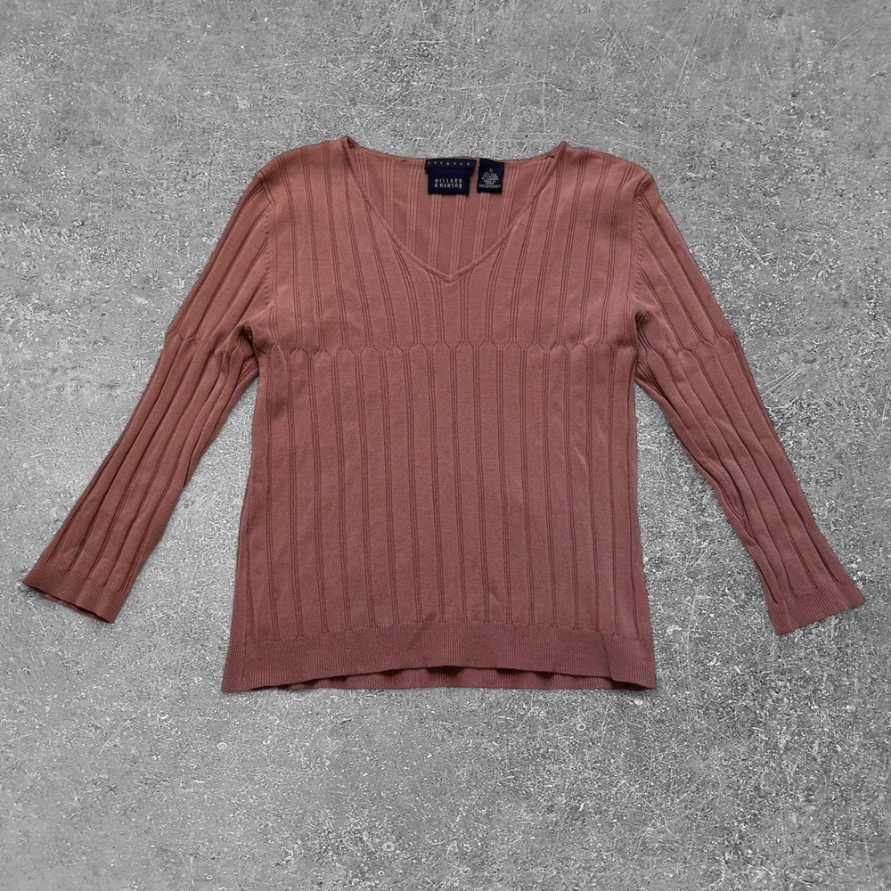 Hillard & Hanson Womens Pink Ribbed Knit V-Neck Silk Blend Long Sleeve Top S